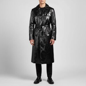 Orttu Men’s Black Gloss Patent Leather Trench Coat Couture Long Belted Jacket M